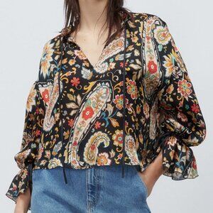 NEW Zara Multicolored Paisley Print High Collar Bow Ruffle Long Sleeves Blouse L